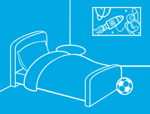In witte lijnen getekend bed waarnaast een potje, rol wc-papier, lamp en pyjama; een kind verschijnt in het bed.