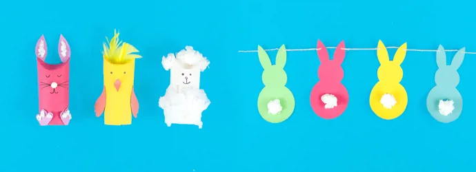 Kleurrijke paasknutsels van wc-rollen in de vorm van dieren en een slinger van kartonnen konijntjes.