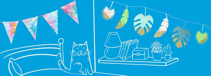 Zelfgemaakte slinger van gekleurd karton in driehoek- en bladvormen op een achtergrond van een geïllustreerde slaapkamer