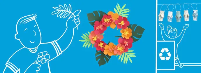 Een krans van kleurrijke bloemen en een slinger van lantaarns gemaakt van gerecycled karton met geïllustreerde mensen