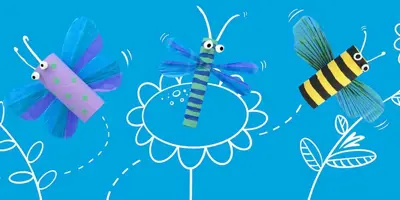 Van kunststof geknutselde insecten met gestreepte vleugels en lichamen tegen een geïllustreerde bloemenachtergrond