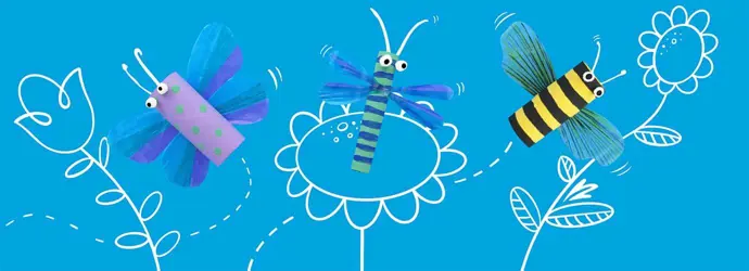 Van kunststof geknutselde insecten met gestreepte vleugels en lichamen tegen een geïllustreerde bloemenachtergrond