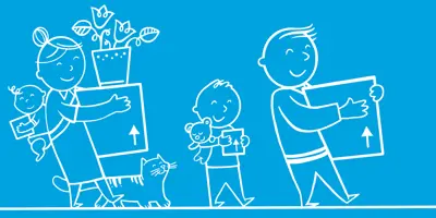 Geïllustreerde gezin met verhuisdozen