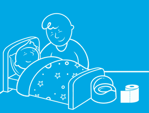 Een kind ligt in bed met een potje en een wc-rol ernaast; een man zit erbij met naast zijn hoofd een wolkje met een wc.