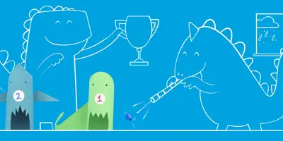Twee dinosaurussen geknutseld van wc-rol voor een blauwe achtergrond met dino's in witte lijnen die een spel spelen.