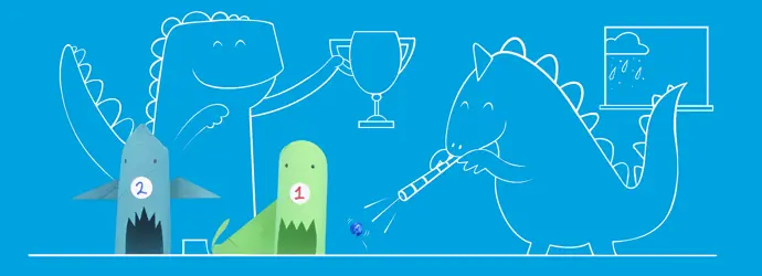 Twee dinosaurussen geknutseld van wc-rol voor een blauwe achtergrond met dino's in witte lijnen die een spel spelen.