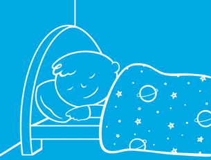 In witte lijnen getekend kind ligt in bed; een denkwolkje met een wc erin verschijnt naast zijn hoofd.