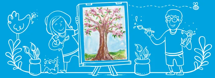 Een schilderij van een boom omringd door in witte lijnen getekende kinderen, schildermaterialen en natuurpatronen.