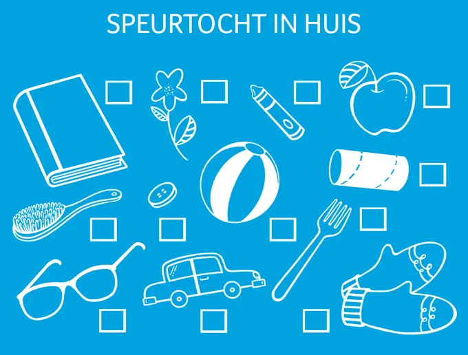 Onder de tekst 'speurtocht in huis' zijn spullen die je kunt afvinken getekend, zoals een boek, een wc-rol en een vork.