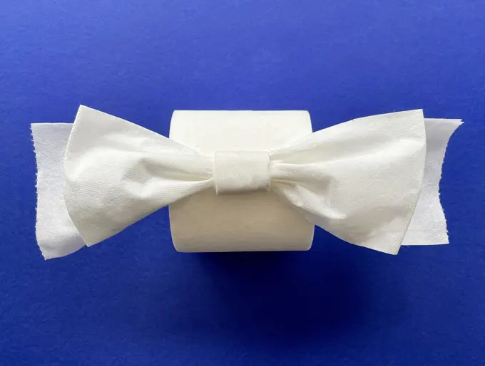 Toiletpapier met origamistrik gevouwen op een wc-rol op een blauwe achtergrond.