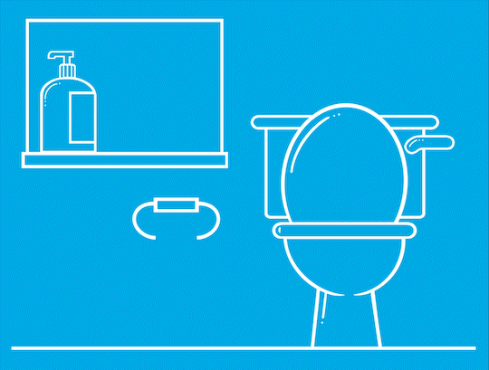 In witte lijnen getekende wc-pot waarnaast een rol wc-papier, pak vochtig wc-papier en een zeepdispenser verschijnen.