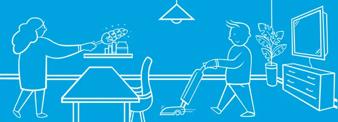 Vader en twee kinderen vermaken zich met een eenvoudig maar effectief schoonmaakschema